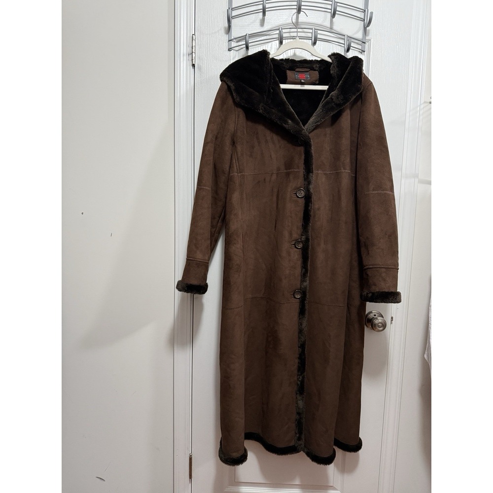 Gallery Full Length Coat Brown Suede Women's‎ XL Faux Fur Trim Penny Lane Heavy